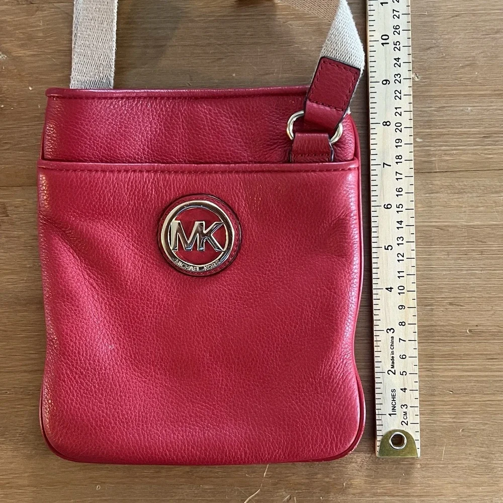 Michael Kors Red Pebbled Leather Crossbody‎ Bag MK Logo Small Purse